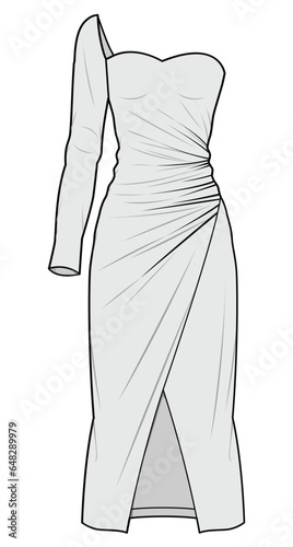 One Side Long Sleeve Wrap Around Body Con Dress Fashion Illustration, Vector, CAD, Technical Drawing, Flat Drawing, Template, Mockup.
