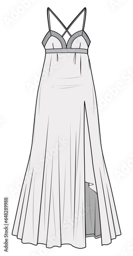 Empire Line Spaghetti Strap Sundress with Side Slit  Fashion Flat Sketch Vector Illustration, CAD, Technical Drawing, Flat Drawing, Template, Mockup.