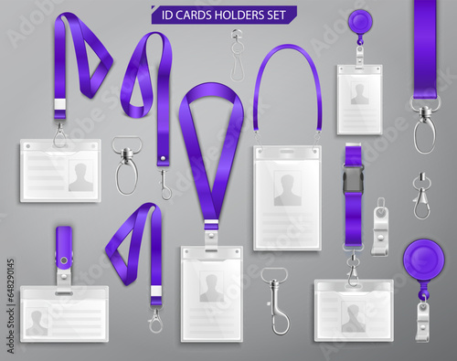 Collection of realistic id badge cards on purple lanyards with strap clips, cord and clasps vector illustration
