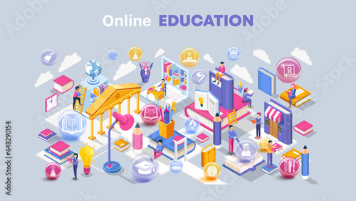 Isometric Online Education landing page template.  Modern flat design for training courses, specialization, tutorials, and lectures. Vector illustration for web banners, infographics, and websites. 
