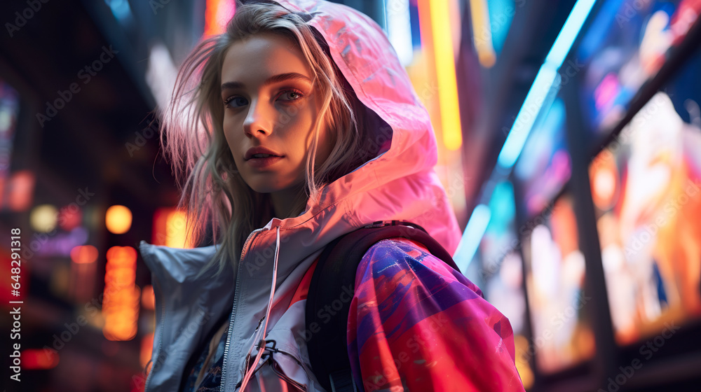 A futuristic portrait of street fashion captures the essence of the modern urban landscape. Woman in street fashion style in neon colors and bright lights.
