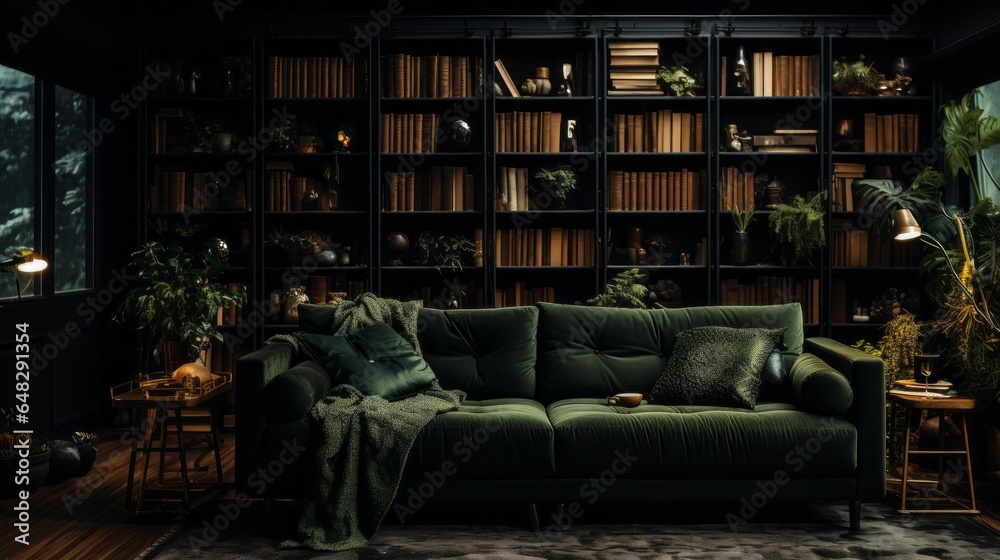 Luxury designer interior in dark green color tones. Exclusive design of a room in  dark green color. Interior of a living room with luxury expensive sofa and shelves with the books on background