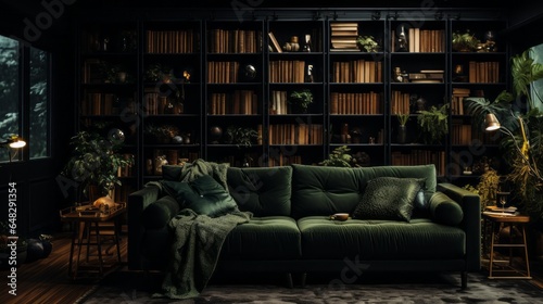 Luxury designer interior in dark green color tones. Exclusive design of a room in dark green color. Interior of a living room with luxury expensive sofa and shelves with the books on background