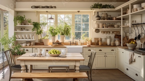 a traditional cottage kitchen with open shelving, a farmhouse table, and vintage accents