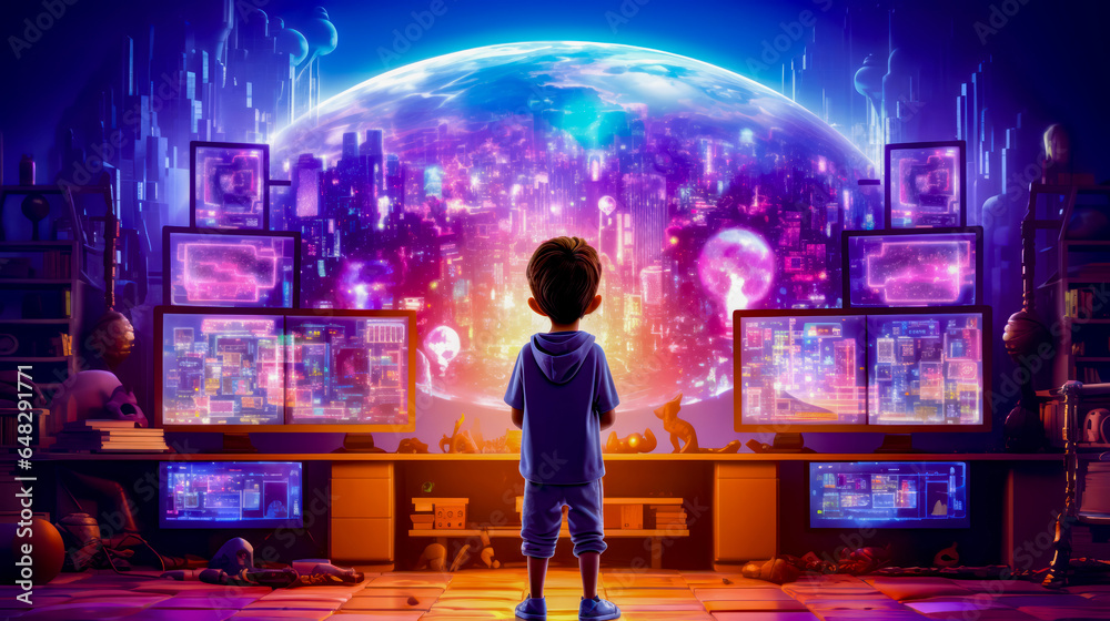 Little boy standing in front of computer screen with city in the background.