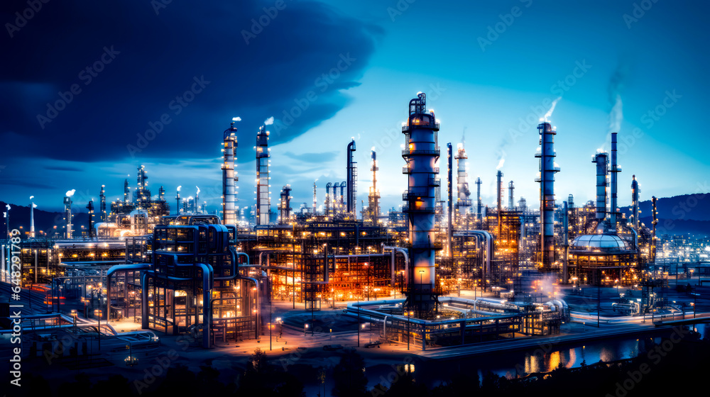 Oil refinery lit up at night with blue sky in the background.