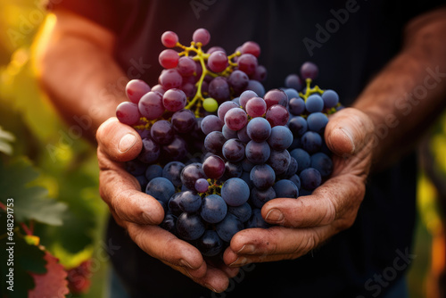 Close up hands of winemaker with grapes and vineyard in the background