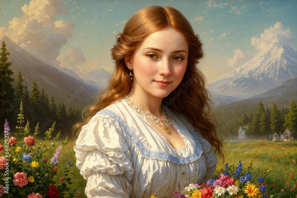 Naklejka premium Portrait of a beautiful woman dressed in rustic style in nature, beautiful rural landscape