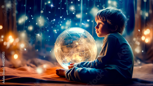 Little boy sitting on bed holding crystal ball in his hands.