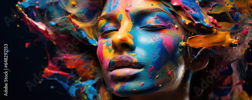 Close-up portrait of an artist covered in vibrant paint © thejokercze