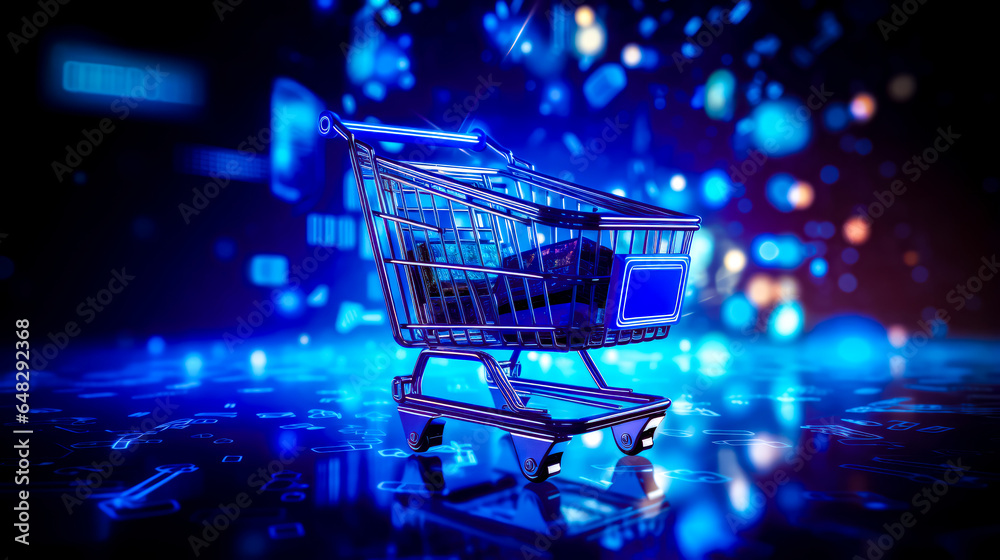Shopping cart with blue screen on it on reflective surface with blue lights in the background.