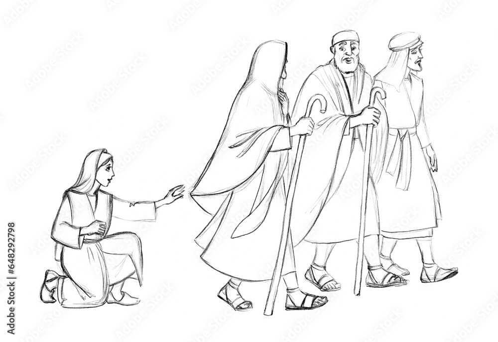 Pencil drawing. The woman touched the clothes of Christ, to be healed Pencil drawing. The woman touched the clothes of Christ, to be healed