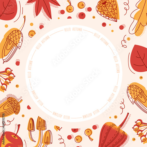 Fall season banner. Autumn sale background decorate with leaves, berries, mushrooms, pumpkin and other elements. 
Good for shopping sale or promo poster. Vector illustration.