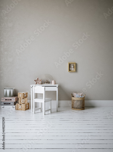 Cozy children room interior, home mockup, 3D render