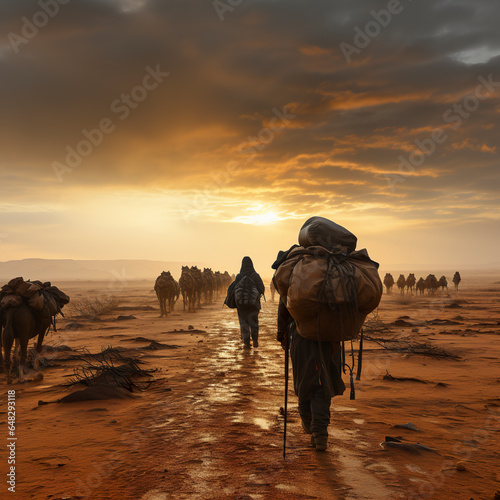 An illustration of the desert under the colors of the sunset. Person in the desert in golden color wearing a tunic following a journey. Nomad in the desert.