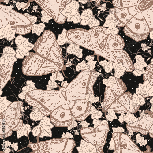 Moody mystic moths in the dark night sky. Insects with pumpkin tendrils. Black and peach pink butterfly pattern in autumn colors. Whimsical seamless vector bug pattern.
