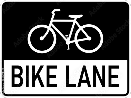 Vector graphic of a usa Bike  Lane highway sign. It consists of the silhouette of a bicycle and the wording Bike Lane contained in a black and white rectangle