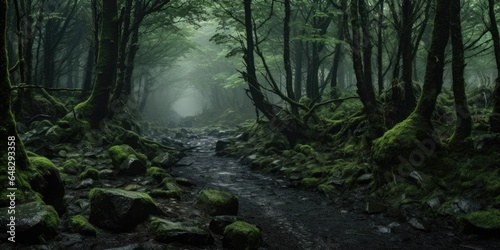 dark green fantasy forest path. muddy path. foggy morning dew. © ana