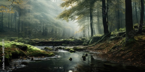 river in the fantasy forest. small pond swamp in the woods. 