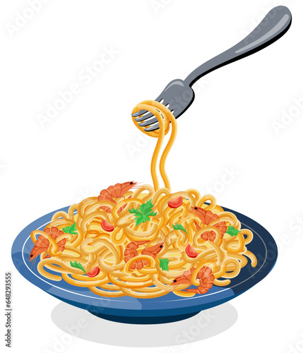 Spaghetti pasta with shrimps, cherry tomatoes and parsley on a blue plate. Italian cuisine. Vector illustration.