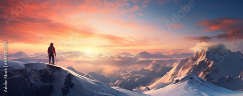 Mountain top with snowboarder at the sunset in the winter © thejokercze