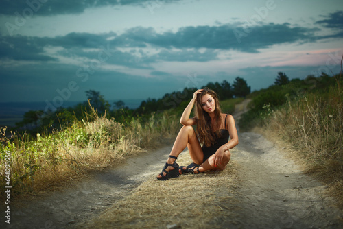 sexy girl model posing in a glamorous bikini on the road in the mountains. © Ренат Хисматулин