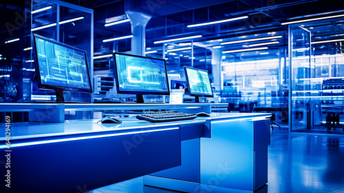 Three computer monitors sitting on top of metal desk in office building. © OLHA