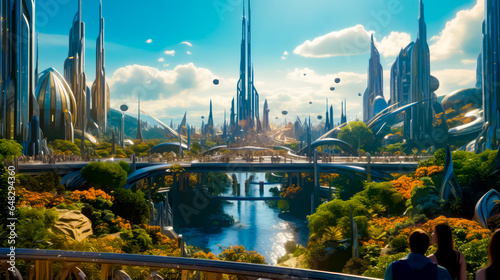 Futuristic city with bridge over river in the foreground and bridge in the background.
