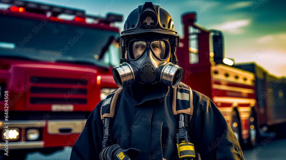 Naklejka premium Man wearing gas mask standing in front of firetruck.