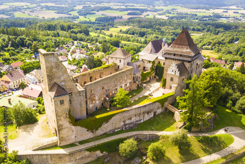 Aerial view of medieval castle Lipnice from the 14th century. Famous landmark in Lipnice nad Sazavou, Vysocina, Czech republic, European union.
