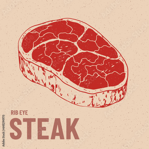 Ribeye steak illustration. Raw red meat. Sketch style steak. Hand drawn rib eye beef steak. Vintage engraving. Butcher shop product. Meat food. Retro style steak for menu, butcher shop