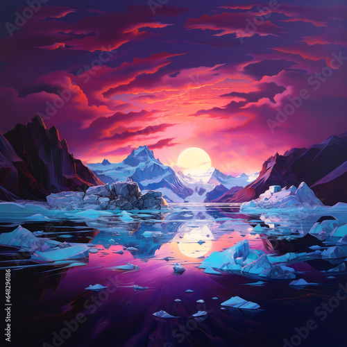 Colorful illustration of a sunrise in the mountains. Ice chunks in a lake