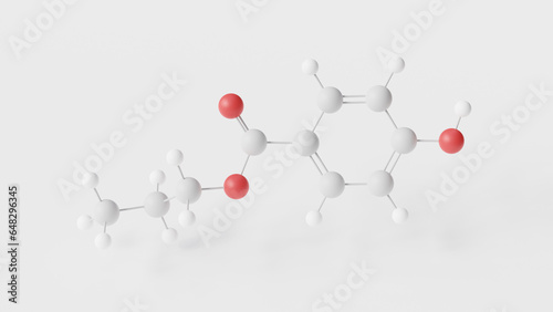 propylparaben molecule 3d, molecular structure, ball and stick model, structural chemical formula food preservative e216 photo