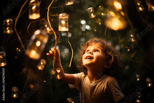 The joy and wonder of a child magical moment blowing bubbles and catching fireflies