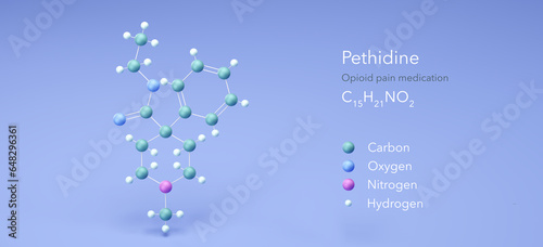 pethidine molecule, molecular structures, synthetic opioid pain medication, 3d model, Structural Chemical Formula and Atoms with Color Coding photo