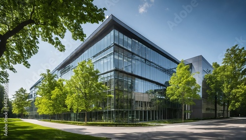 Trees and green environment in eco-friendly glass office: Sustainable building