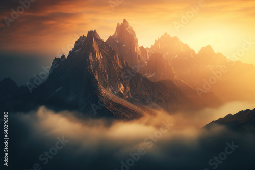 Mountain landscape at sunrise, with misty valleys and rugged peaks bathed in warm, golden light