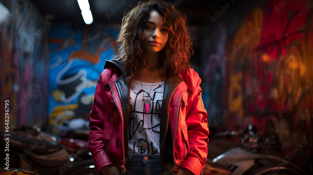 A graffiti art-inspired digital portrait of a woman wearing street fashion. Woman wearing jacket in urban environment in vibrant graffiti colors. A graffiti art-inspired digital portrait of a woman wearing street fashion. Woman wearing jacket in urban environment in vibrant graffiti colors.