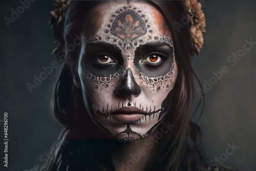 Young woman with the Day of the Dead make up and costume, Mexican tradition, generative AI © fahrwasser