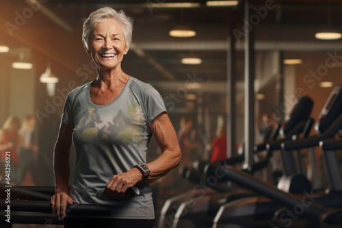 Smiling senior woman in a gym, very fit, fitness for seniors concept
