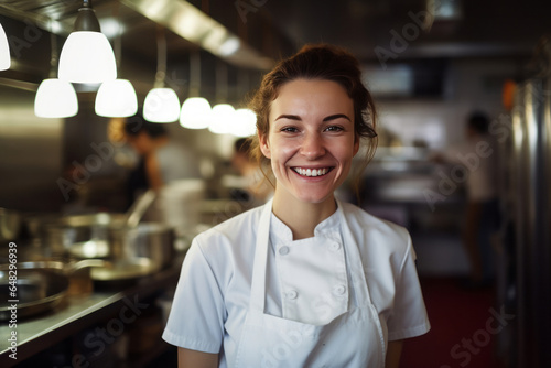 Smiling female chef in her restaurant, women owned business concept photo