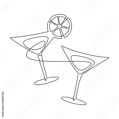 Line continuous vector icon. Abstract martini cocktail glass. Alcohol drink doodle illustration. Graphic design, cartoon print, banner, card, poster, brochure, sign, symbol, bar logo, cafe menu.