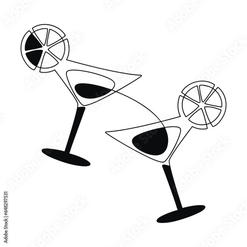 Martini cocktail glasses with lemon slice. Linear vector icon. Alcohol drink doodle illustration. Graphic design, cartoon print, banner, card, poster, brochure, sign, symbol, bar logo, cafe menu.