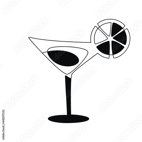 Vector martini cocktail glasses with lemon slice. Linear icon. Alcohol drink doodle illustration. Graphic design, cartoon print, banner, card, poster, brochure, sign, symbol, bar logo, cafe menu.
