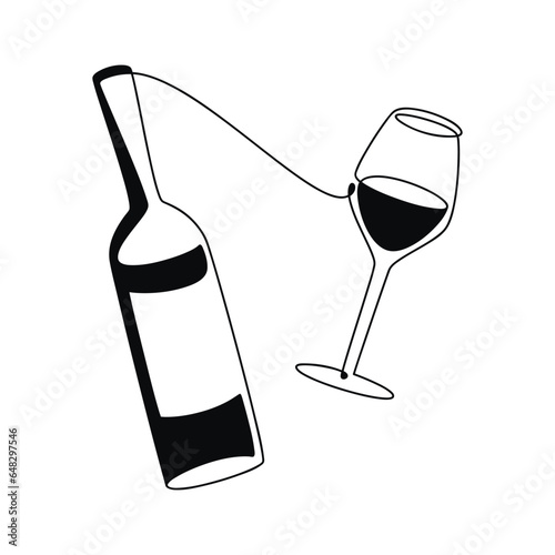Vector wine bottle and glasses illustration. Hand drawn linear doodle silhouette icon. Graphic design, cartoon print, banner, card, poster, brochure, sign, symbol, bar logo, cafe, restaurant menu.
