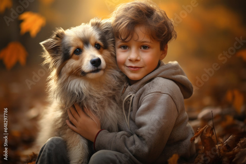 Autumn portrait of a cute little boy hugging his pet dog