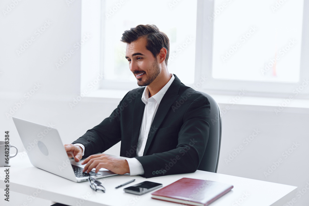 Man working businessman sitting computer office business laptop desk technology tired Man working businessman sitting computer office business laptop desk technology tired