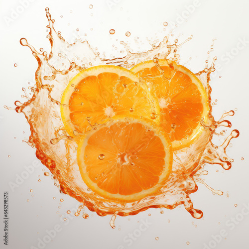 Orange surrounded by an explosion of orange juice droplets on a white background.