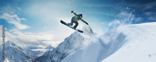 Snowboarder catching air off a snowy ramp with a mountain backdrop © thejokercze