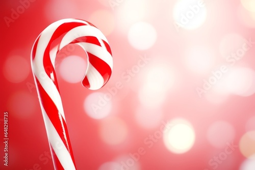 Christmas candy cane, red and white treat on bokeh background with bright lights